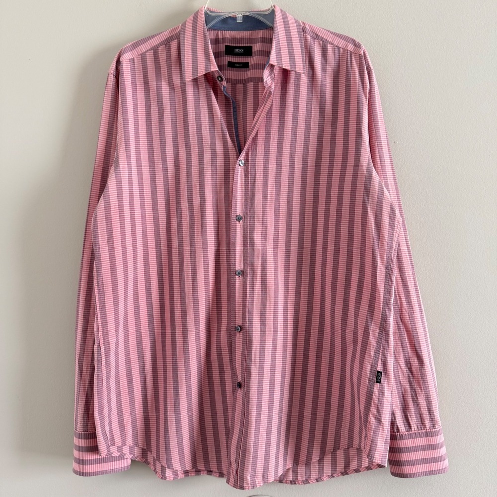 Hugo Boss Mens XL Slim Fit Button Up Shirt Red Gray Stripes Long Sleeve